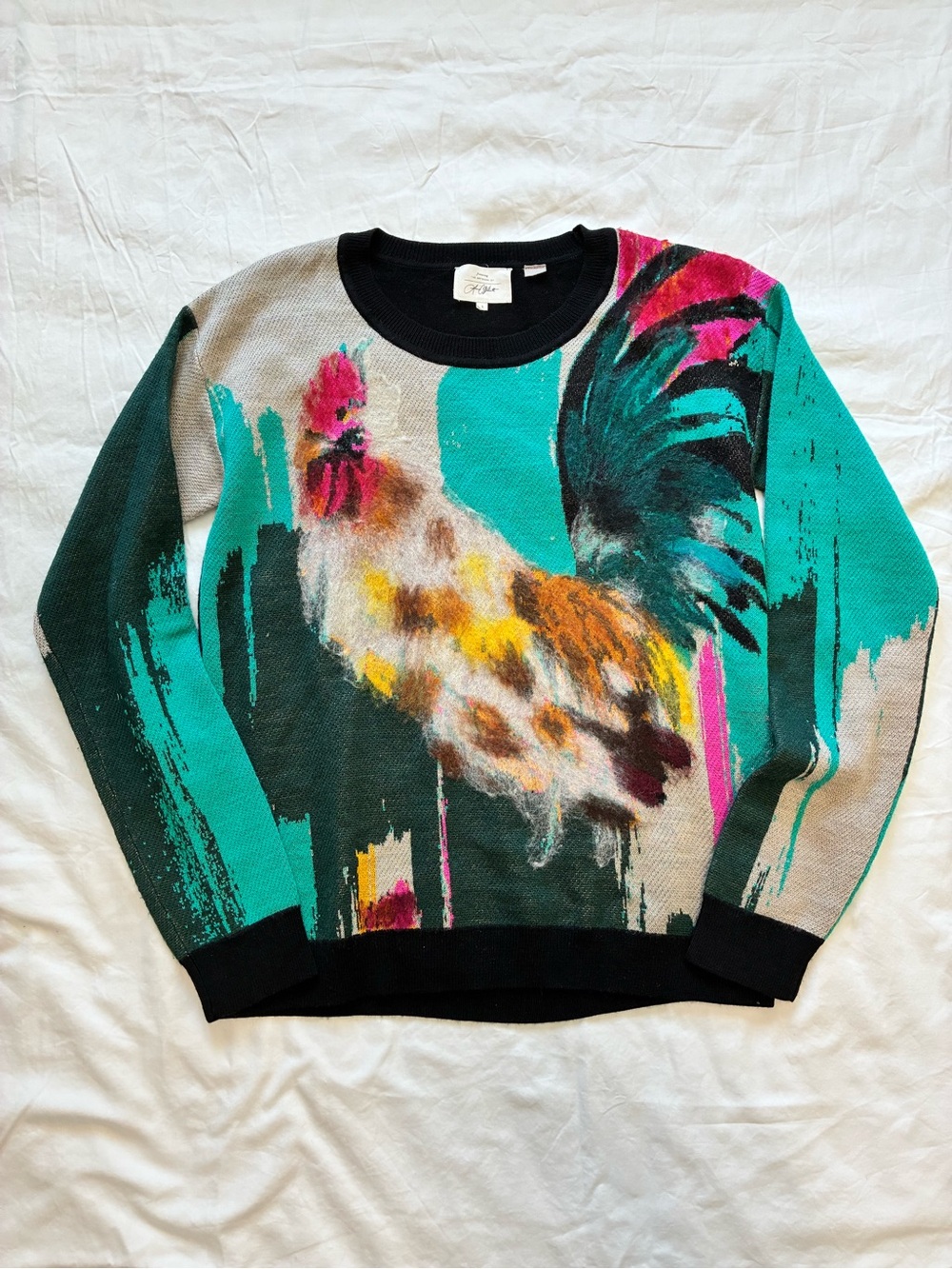 Anthropologie Rooster Art Crewneck Sweater with Artist Lauren Walcott Tag - Picture 1 of 7